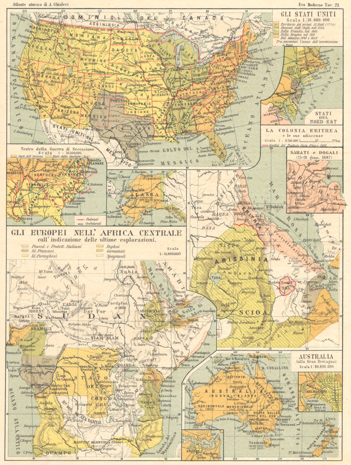WORLD. Africa; Stati Uniti; Guerra Secessione; Eritrea; Australia 1889 old map